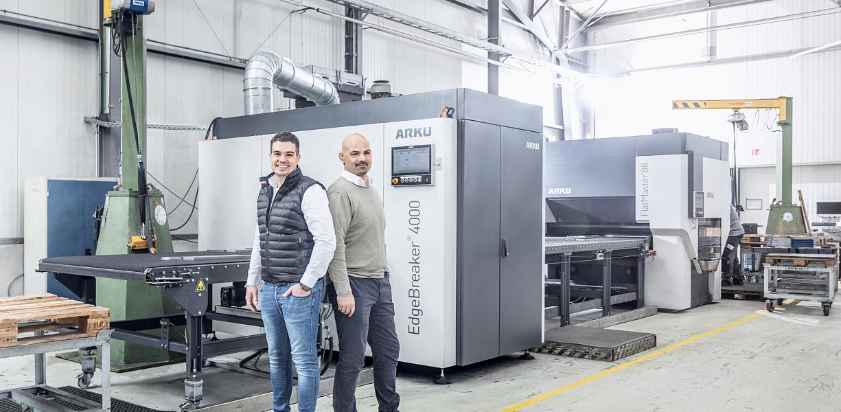 L-R: Julian Feldmeier, Department Manager, HALLER Metall, and Markus Heinrich, Technical Operations Manager, HALLER Metall, in front of their ARKU deburring and levelling machines.